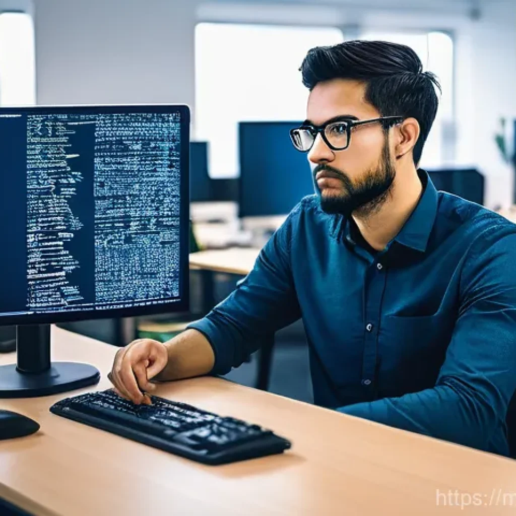 마이크로 프론트엔드의 기술적 부채 관리 - **Prompt:** "A software developer, looking slightly overwhelmed but determined, sits in front of mul...