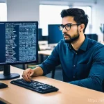 Home 22 마이크로 프론트엔드의 기술적 부채 관리 - **Prompt:** "A software developer, looking slightly overwhelmed but determined, sits in front of mul...